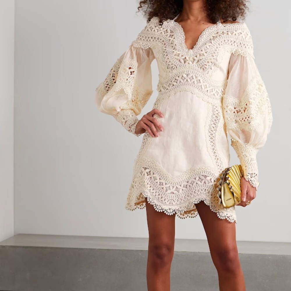 ZIMMERMANN Postcard lace-trimmed linen and silk-blend halterneck mini dress